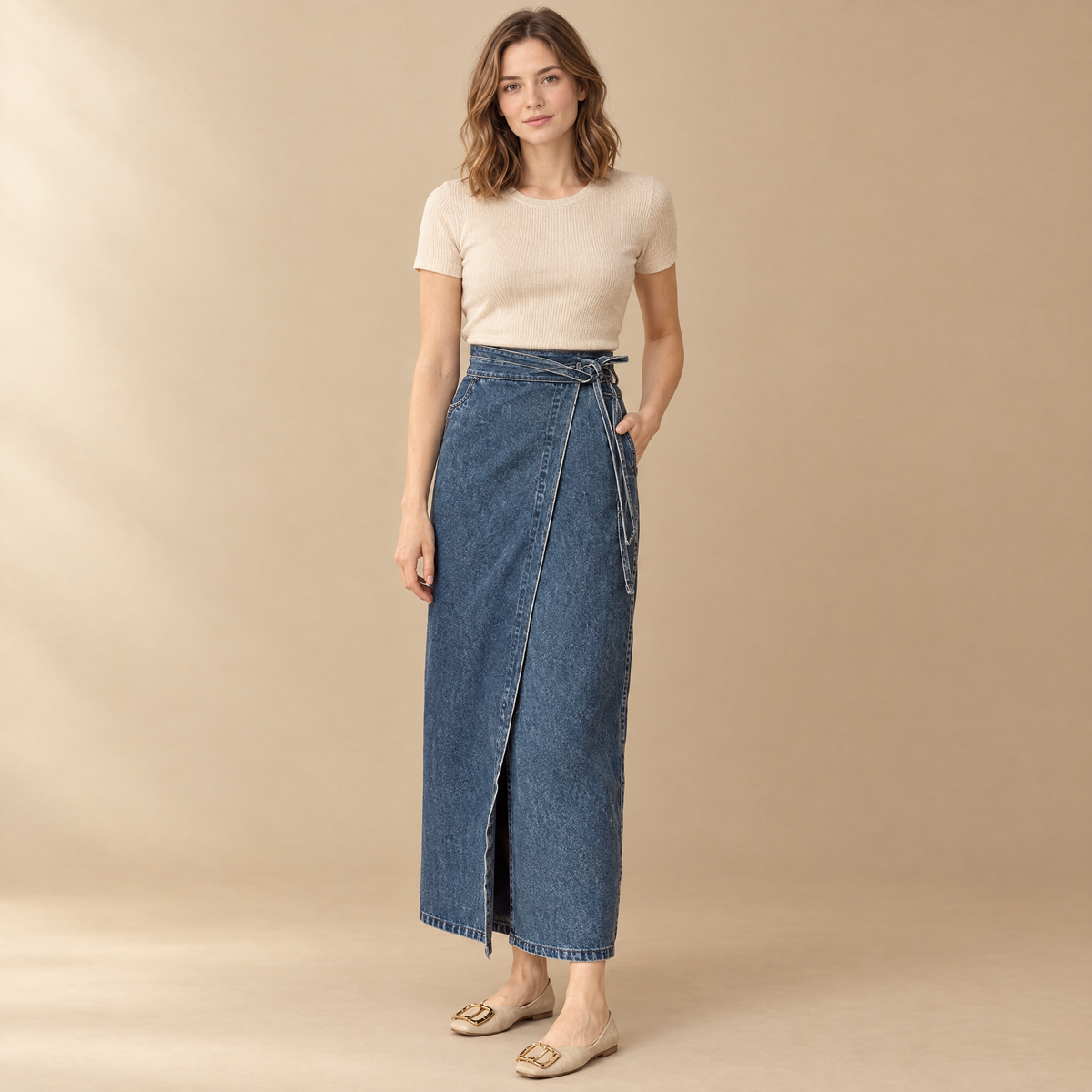 High waisted denim midi skirt with side slit