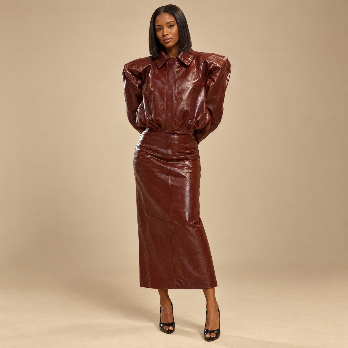 PU leather jacket and high waisted skirt two piece set