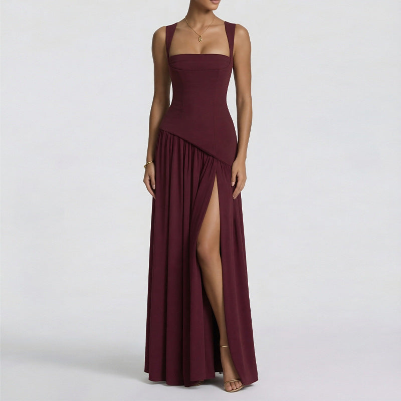 Women's Slit Maxi Dress - Sleeveless Waist-Cinching Column Dress, Green, Navy or Brown, S-3XL - Amora