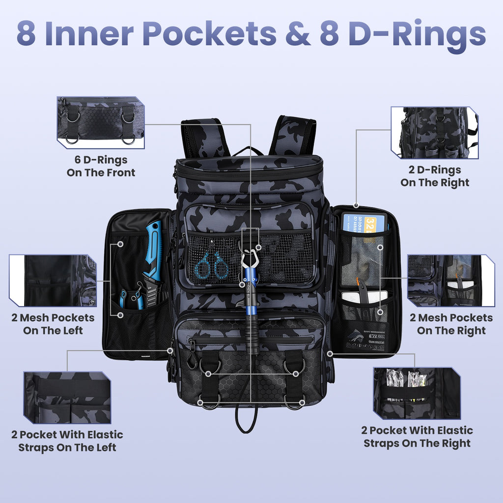 42L 11Gal Fishing Backpack Large Capacity Fishing Tackle Storage Bag with Rod Holders 16 Pocket Water-Resistant with Divider Adjustable Padded Straps for Fishing Gear Outdoor Camping Hiking