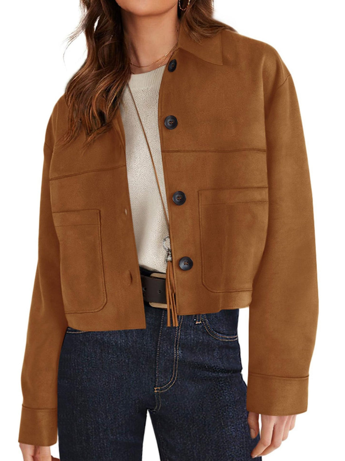 Women's Faux Suede Short Jacket - Lightweight Cropped Autumn Jacket, Eight Colours, S-XXL - Amora