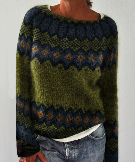 Women's Colourblock Jacquard Knit Sweater - Geometric Pattern Round Neck Pullover, Loose Fit, S-5XL - Amora