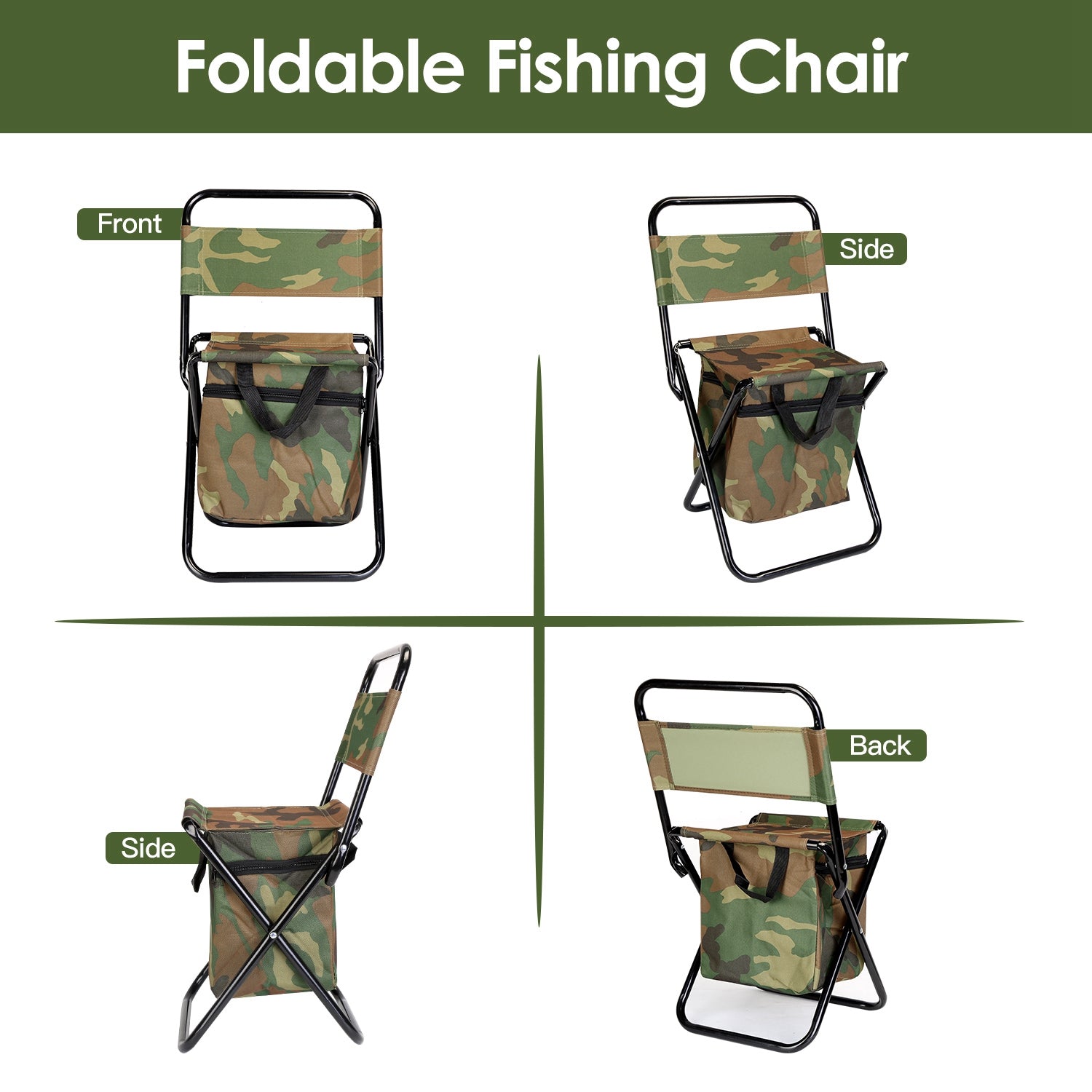 Foldable Fishing Chair with Backrest Built-In Cooler Bag Portable Handle Outdoor Lightweight Fishing Stool for Camping Hiking Hunting
