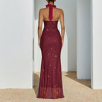 Women's Halter Neck Maxi Dress - Backless Jacquard Bodycon Evening Dress, Apricot, XS-L - Amora
