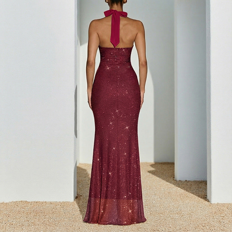 Women's Halter Neck Maxi Dress - Backless Jacquard Bodycon Evening Dress, Apricot, XS-L - Amora