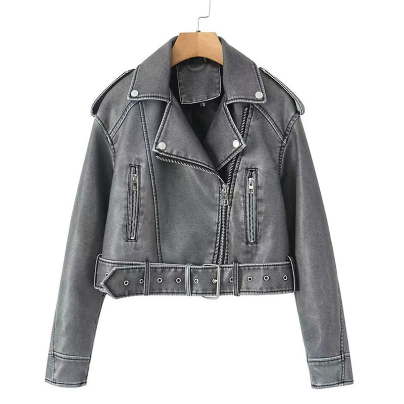 Women's PU Leather Jacket - Washed Lapel Collar Zip-Up Coat, Loose Fit, Eight Colours, XS-XL - Amora