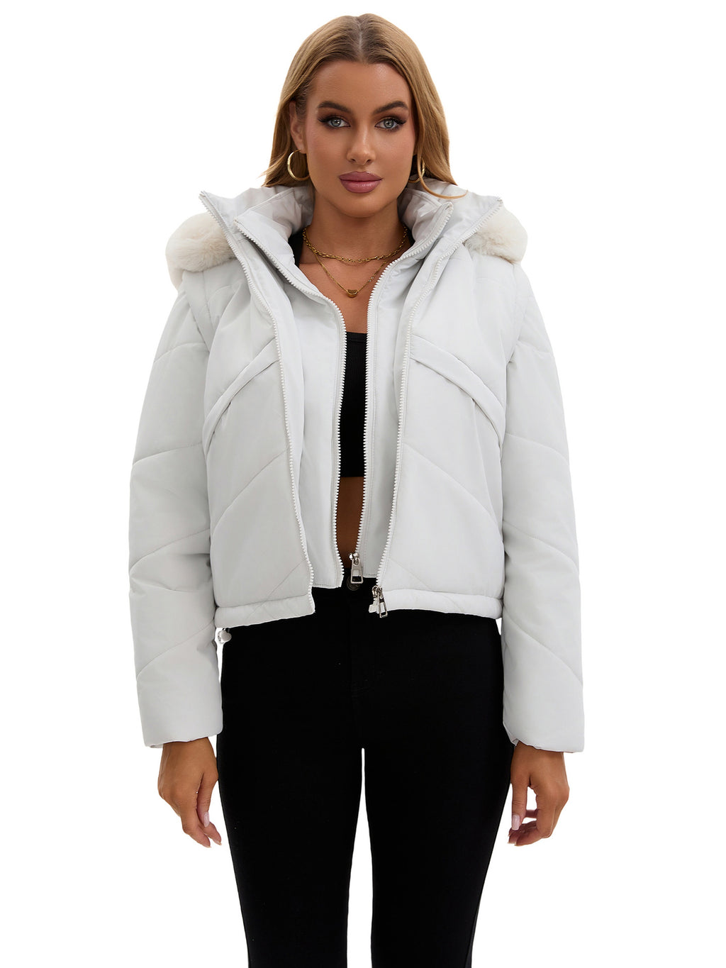 Women's Padded Hooded Jacket - Removable Sleeves & Faux Fur Collar Winter Coat, Black, Grey or Brown, S-XXL - Amora