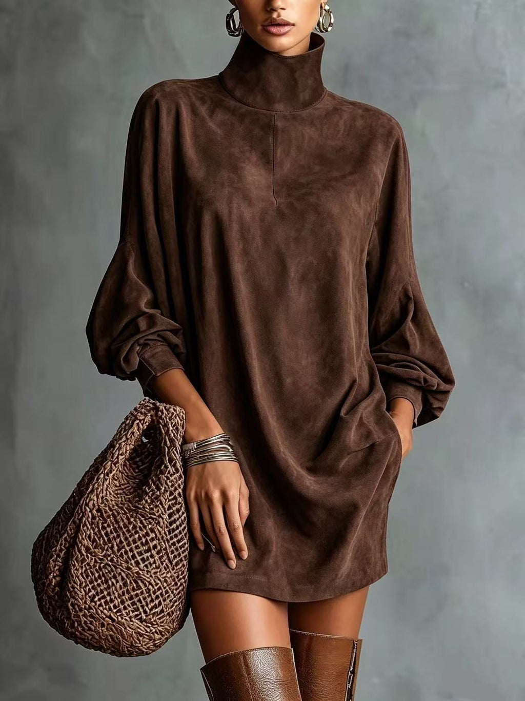 Women's Faux Suede A-Line Dress - Retro Long Sleeve Short Dress, Eight Colours, S-3XL - Amora