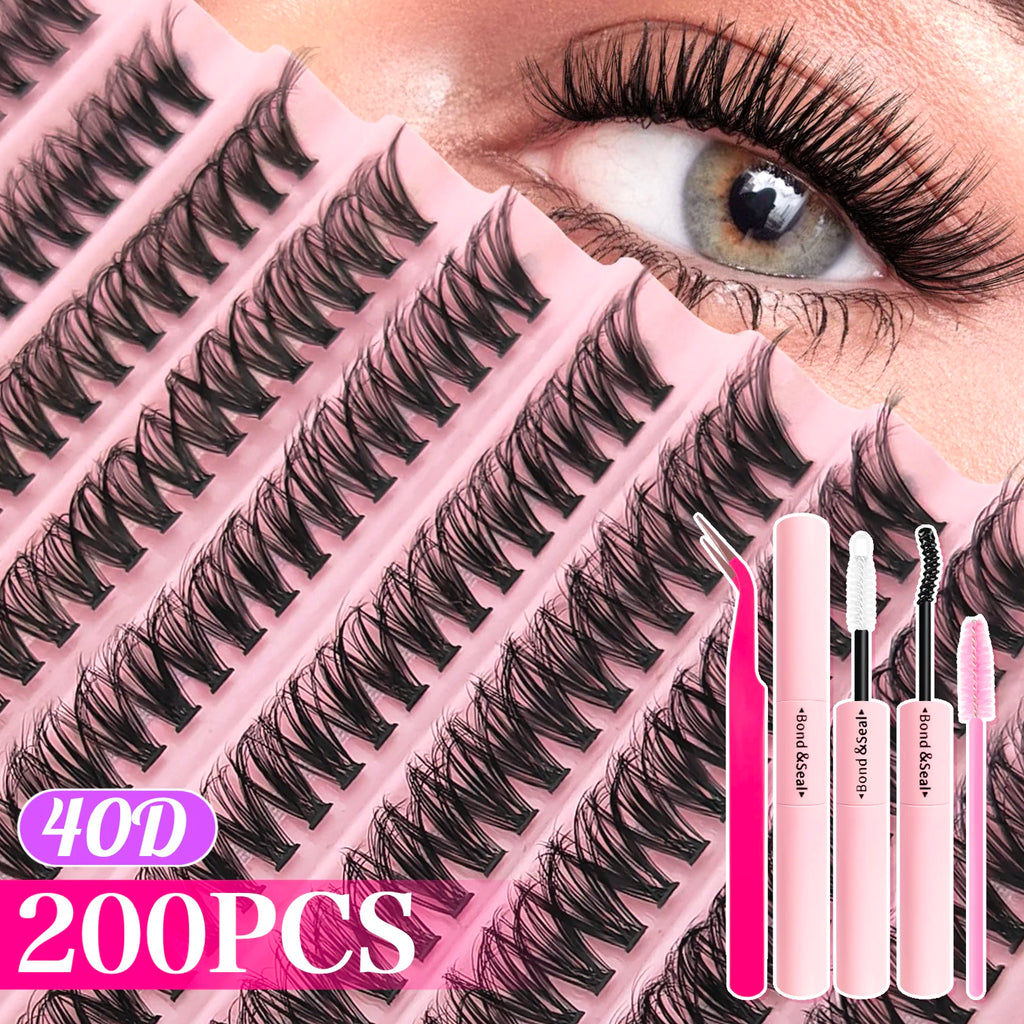 720/200Pcs Eyelash Extension Kit Fluffy Eyelash Extension Kit with Lash Bond and Seal Lash Tweezers Thick Lash Clusters Wispy
