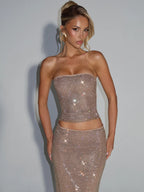 Women's Sequin Maxi Dress - Strapless Slim Fit Party Dress, Silver or Gold, S-XL - Amora