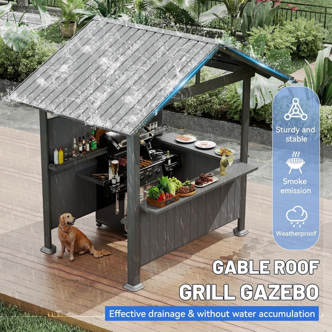 9.4X6.2 FT Hardtop Grill Gazebo, Gable Outdoor Grill Gazebo with Storage Shelves & Resin Shade System, Galvanized Steel Metal Hard Top Gazebo for Patio Garden -Grey