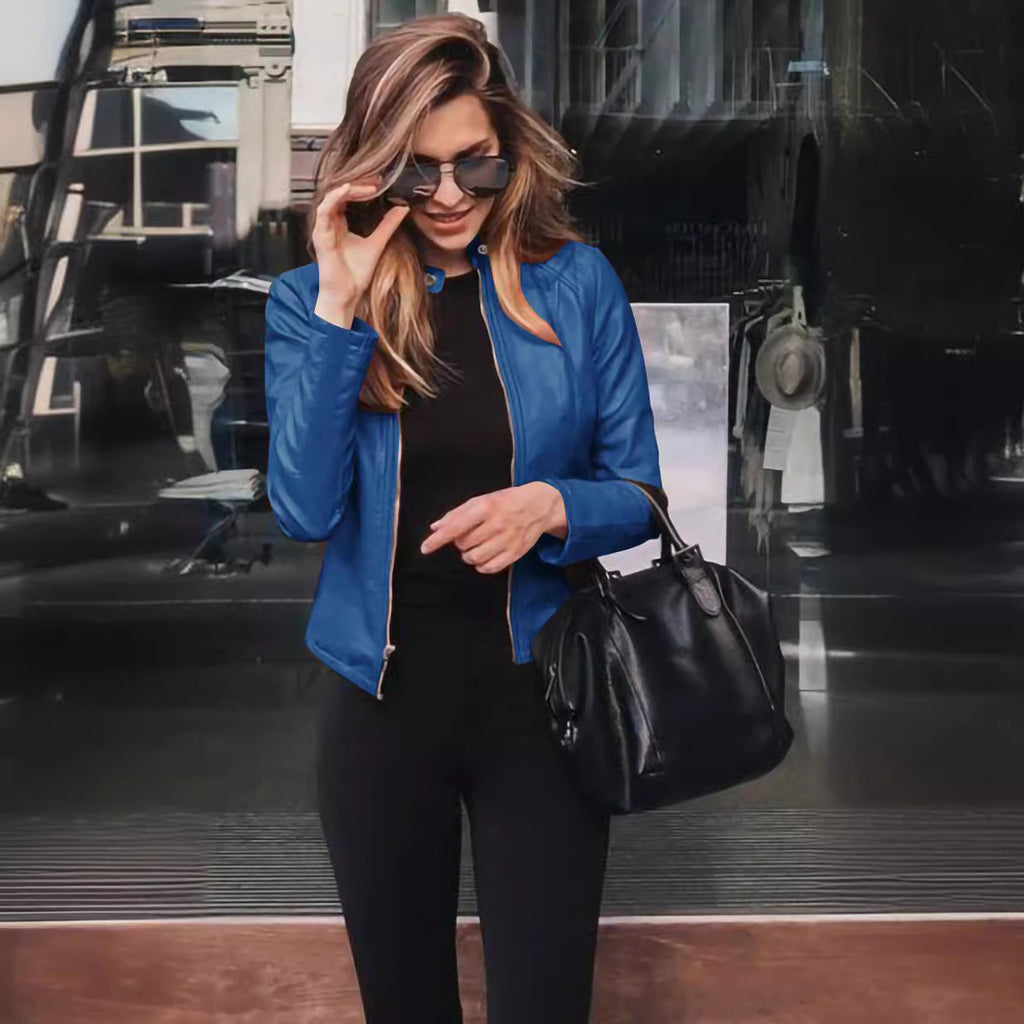 Women's Faux Leather Jacket - PU Stand Collar Slim Fit Blazer Jacket, Twelve Colours, S-5XL - Amora