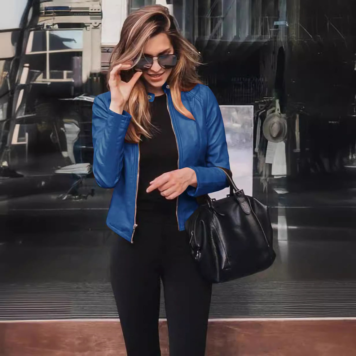 Women's Faux Leather Jacket - PU Stand Collar Slim Fit Blazer Jacket, Twelve Colours, S-5XL - Amora
