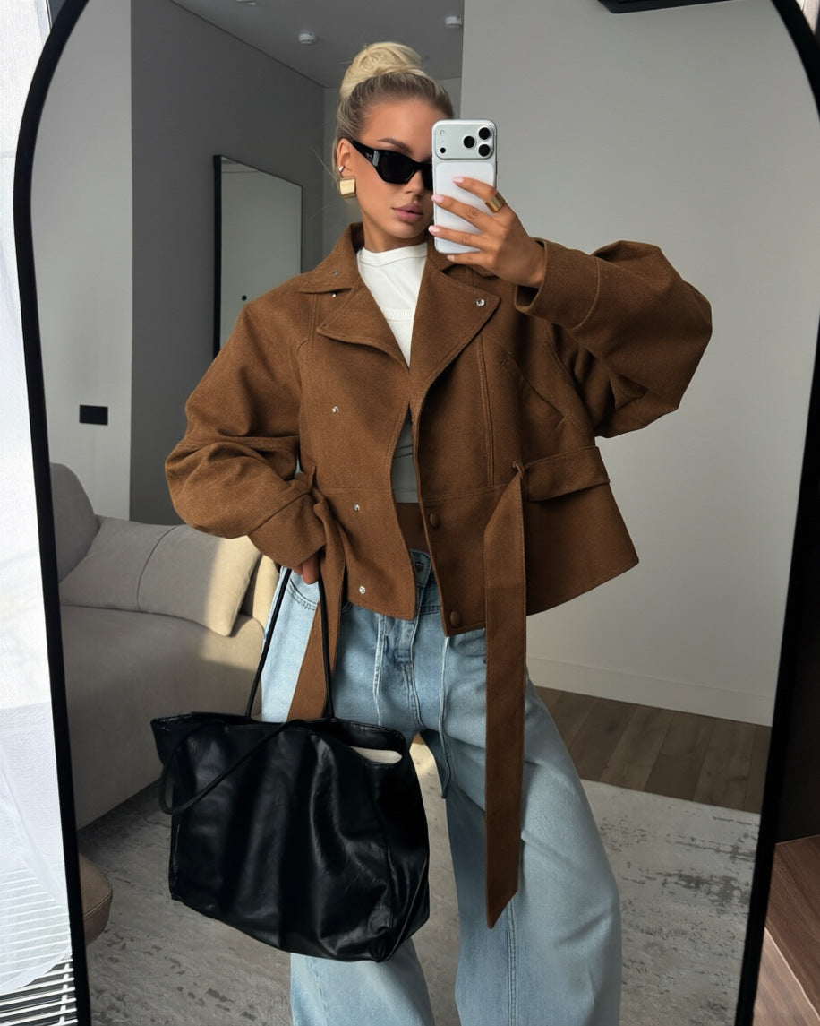 Women's Faux Suede Moto Jacket - Zip-Up Waist-Cinching Jacket, Eight Colours, S-XXL - Amora