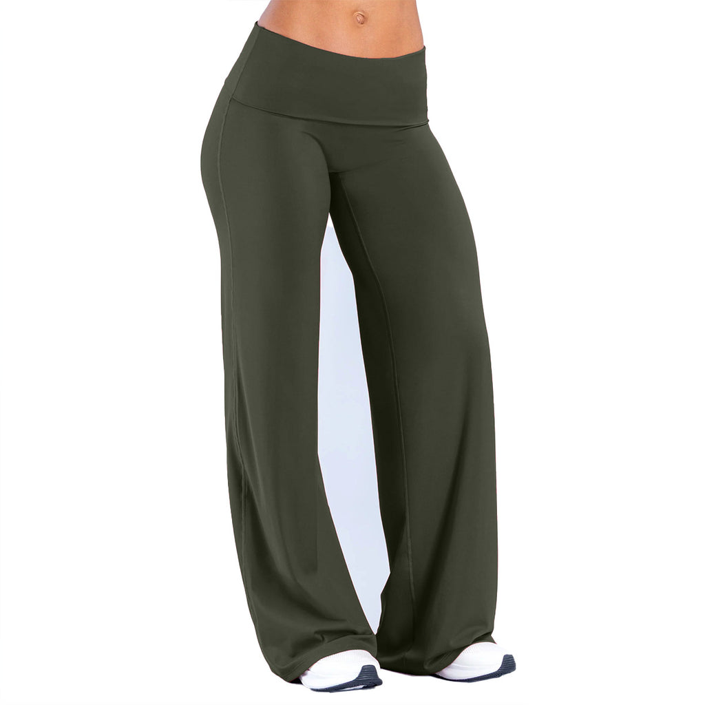 Women's Flared Yoga Trousers - Wide Leg Stretch Leggings with Flap Detail, Fifteen Colours, XS-XL - Amora
