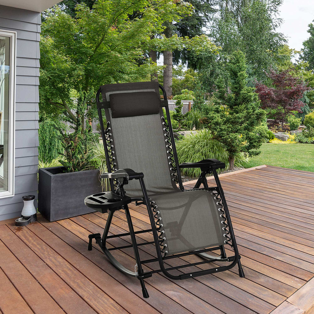 Outdoor Rocking Chairs, Foldable Reclining Zero Gravity Lounge Rocker with Pillow, Cup & Phone Holder, Combo Design with Folding Legs, Gray