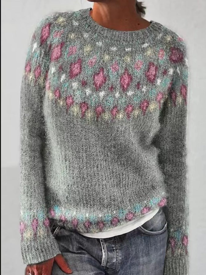 Women's Colourblock Jacquard Knit Sweater - Geometric Pattern Round Neck Pullover, Loose Fit, S-5XL - Amora