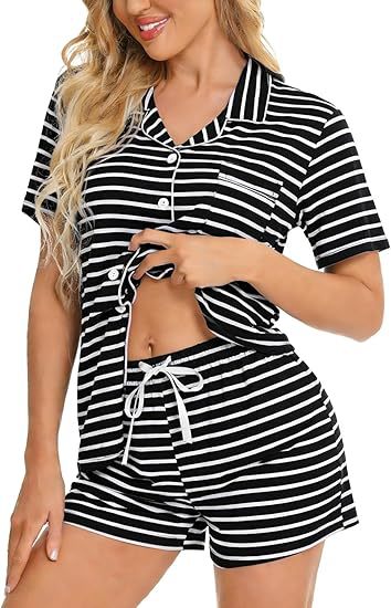 Women's Lapel Pyjama Set - Short Sleeve Top and Shorts Loungewear, Thirteen Patterns, XS-3XL - Amora