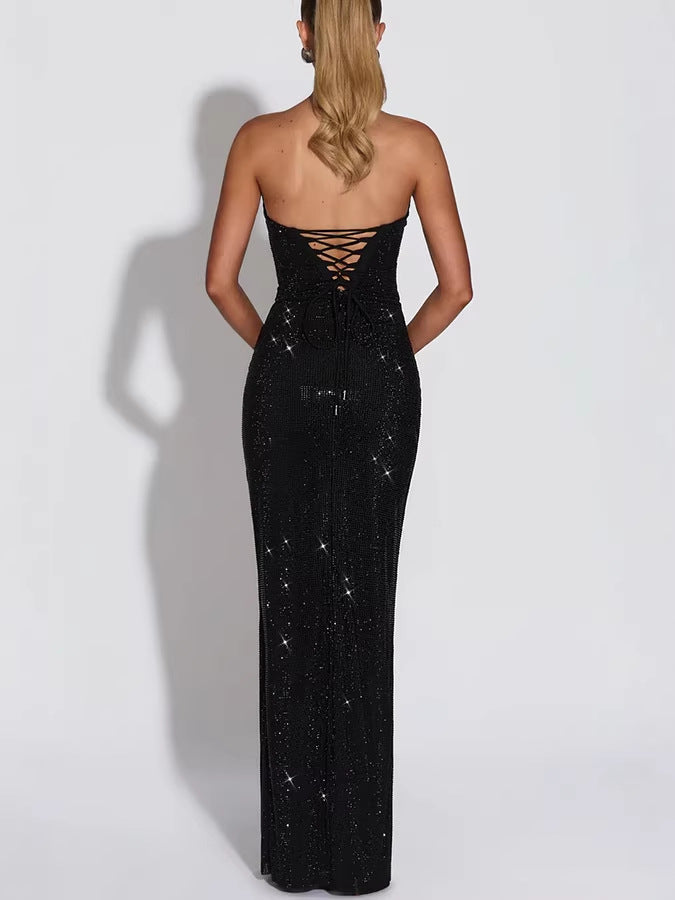 Women's Sequin Evening Dress - Sleeveless Slim Fit A-Line Maxi, Burgundy, Beige or Black, S-XL - Amora