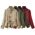 Women's Double-Breasted Short Coat - Retro Belted Windbreaker Jacket, Khaki, Burgundy or Black, S-L - Amora