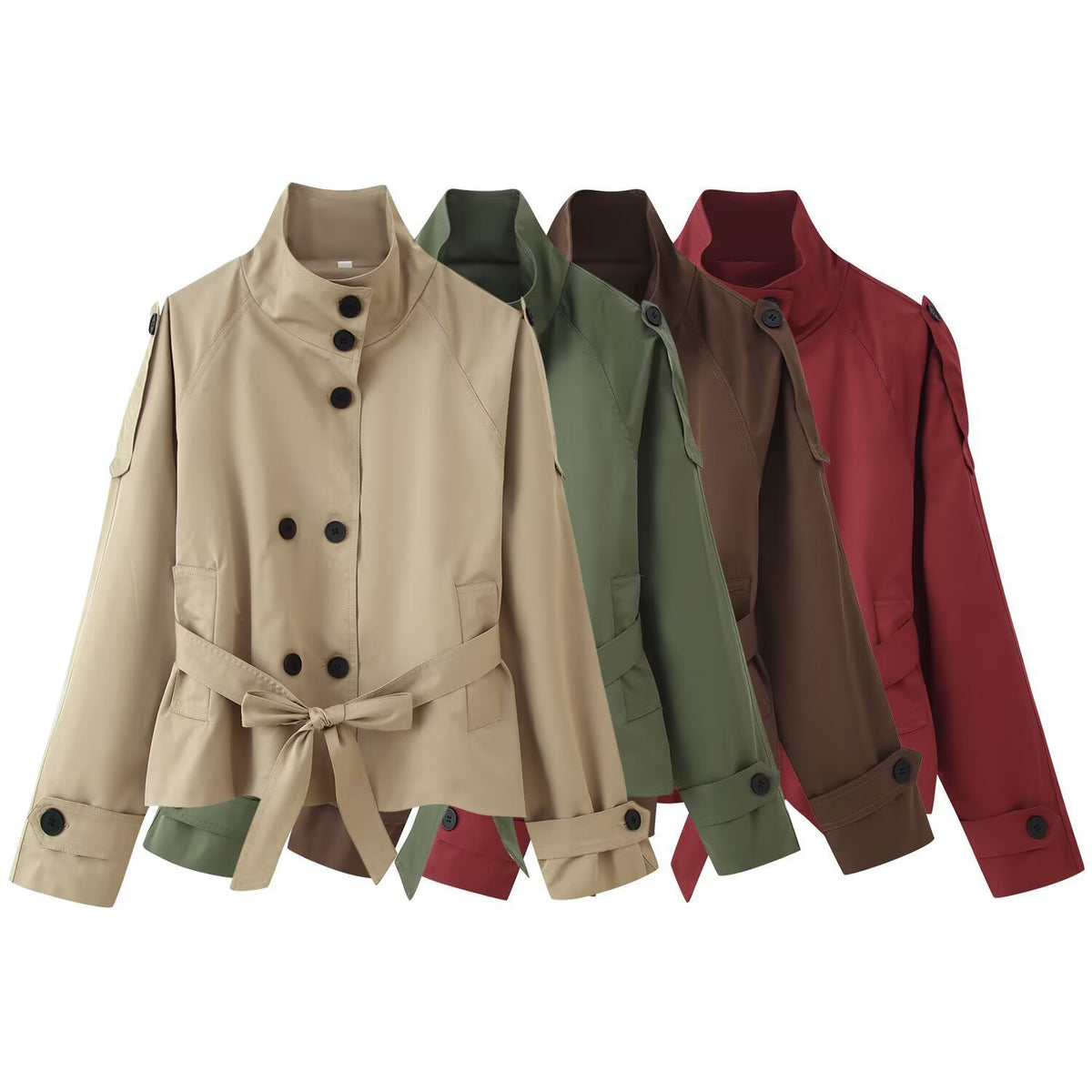 Women's Double-Breasted Short Coat - Retro Belted Windbreaker Jacket, Khaki, Burgundy or Black, S-L - Amora