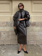 Women's PU Leather Two Piece Set - Stand Collar Jacket and High Waisted Skirt, Red or Brown, S-L - Amora
