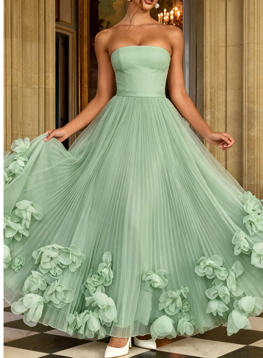 Women's Strapless Evening Gown - 3D Petal Pleated Ball Dress with Train, Six Colours, XS-XXL - Amora
