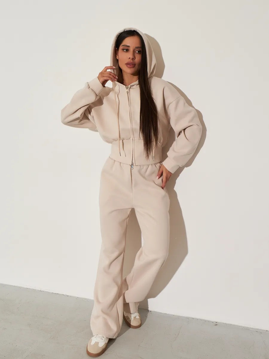 Women's Zip-Up Hoodie and Wide Leg Trouser Set - Drawstring Waist Loungewear, Four Colours, S-XL - Amora