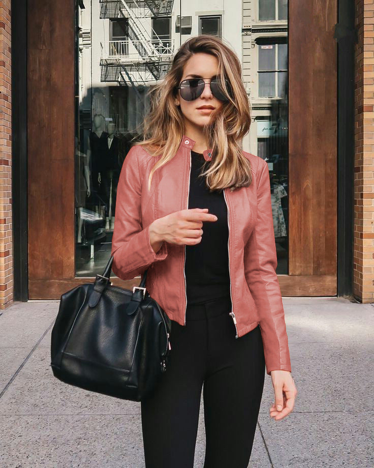 Women's Faux Leather Jacket - PU Stand Collar Slim Fit Blazer Jacket, Twelve Colours, S-5XL - Amora