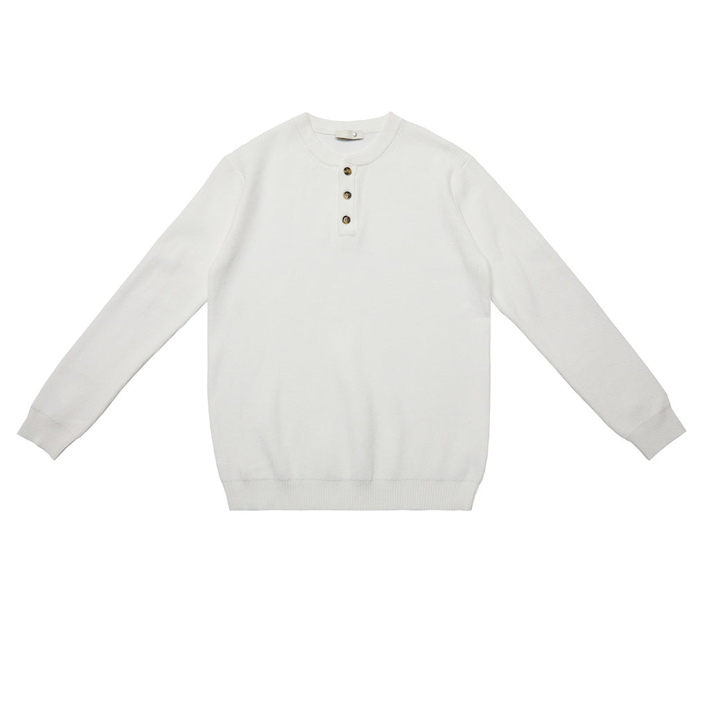 Ribbed Henley Knit Sweater - Horn Button Collar Pullover, Viscose Blend, White, Black & Khaki, M-XXL - Amora