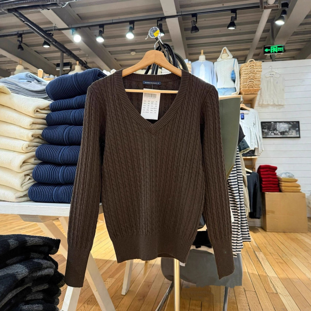 Women's Cotton Cable Knit V-Neck Sweater - Ribbed Cuff Pullover, Dark Brown or Haze Blue, One Size - Amora