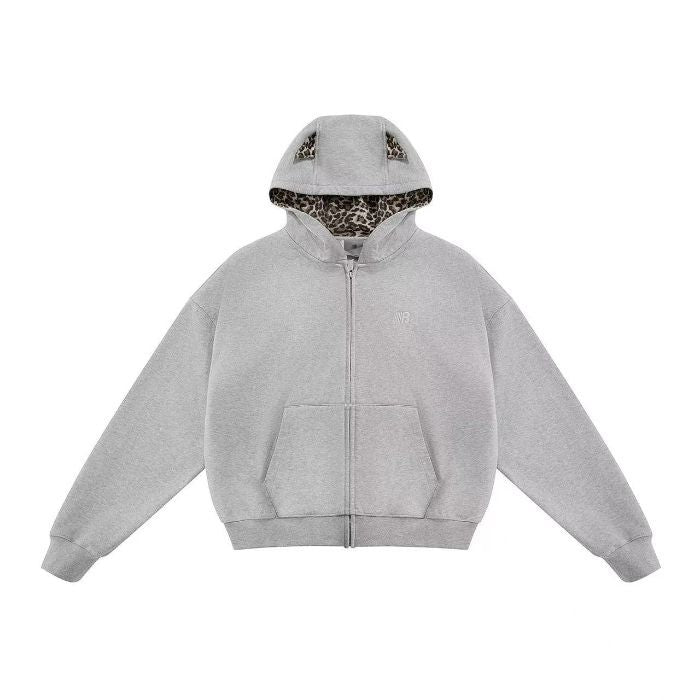 Women's Leopard Print Hooded Cardigan - Cropped Zip-Up Cotton Blend Sweatshirt, Loose Fit, M-XXL - Amora