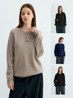 Ribbed Henley Knit Sweater - Horn Button Collar Pullover, Viscose Blend, White, Black & Khaki, M-XXL - Amora