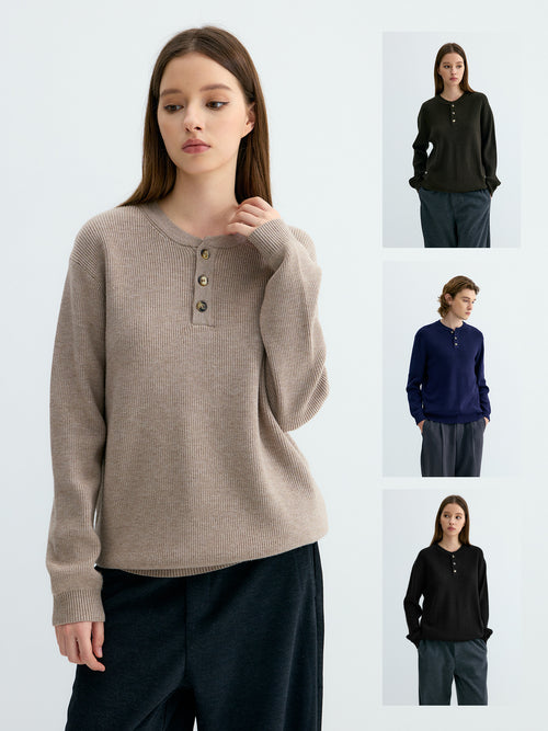 Ribbed Henley Knit Sweater - Horn Button Collar Pullover, Viscose Blend, White, Black & Khaki, M-XXL - Amora