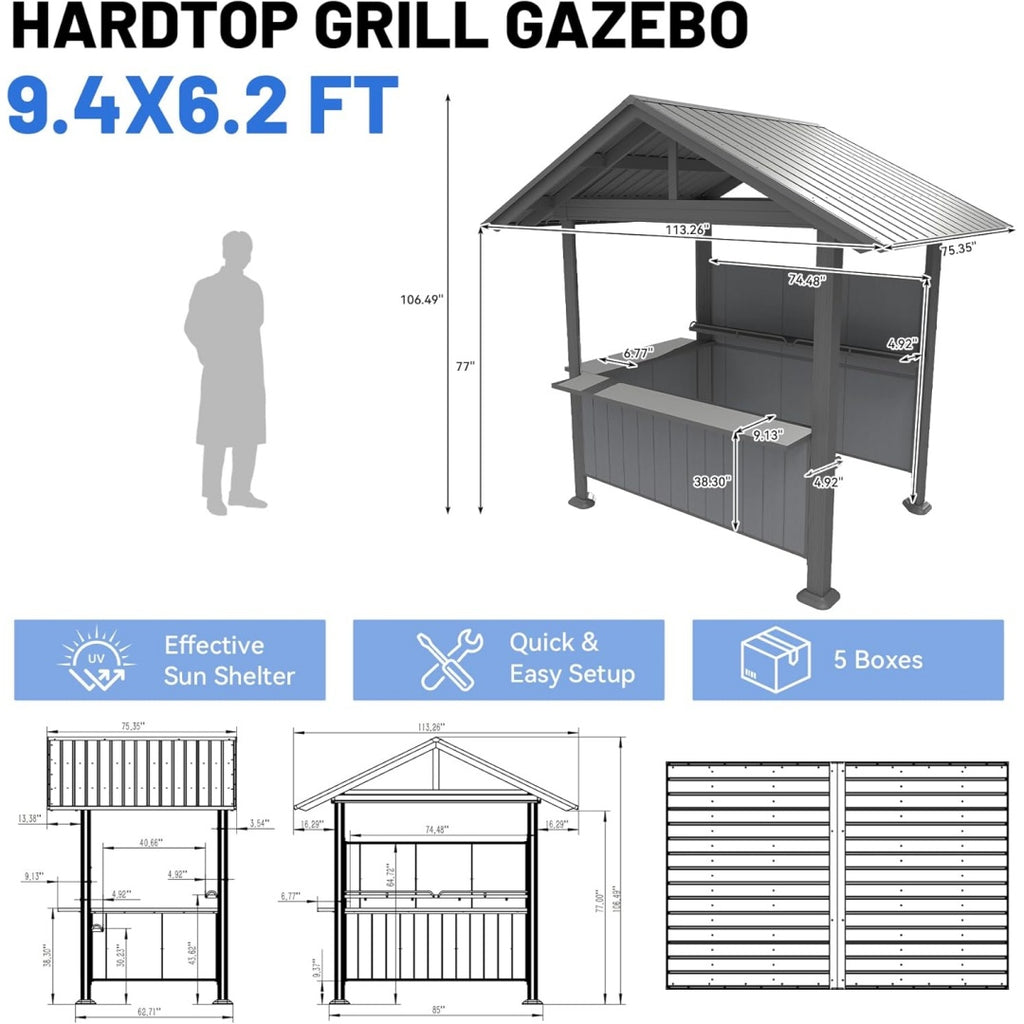 9.4X6.2 FT Hardtop Grill Gazebo, Gable Outdoor Grill Gazebo with Storage Shelves & Resin Shade System, Galvanized Steel Metal Hard Top Gazebo for Patio Garden -Grey