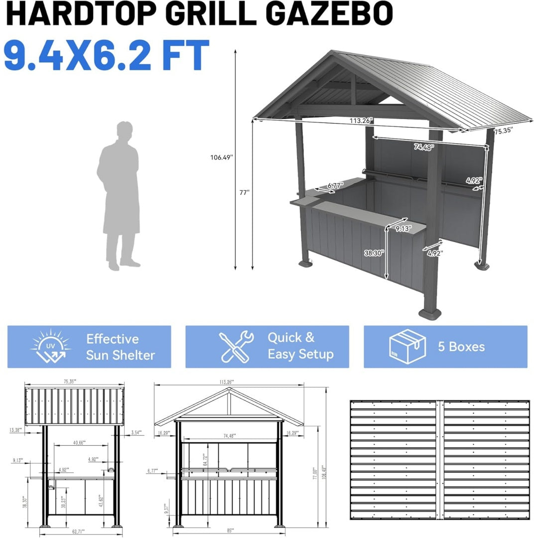 9.4X6.2 FT Hardtop Grill Gazebo, Gable Outdoor Grill Gazebo with Storage Shelves & Resin Shade System, Galvanized Steel Metal Hard Top Gazebo for Patio Garden -Grey