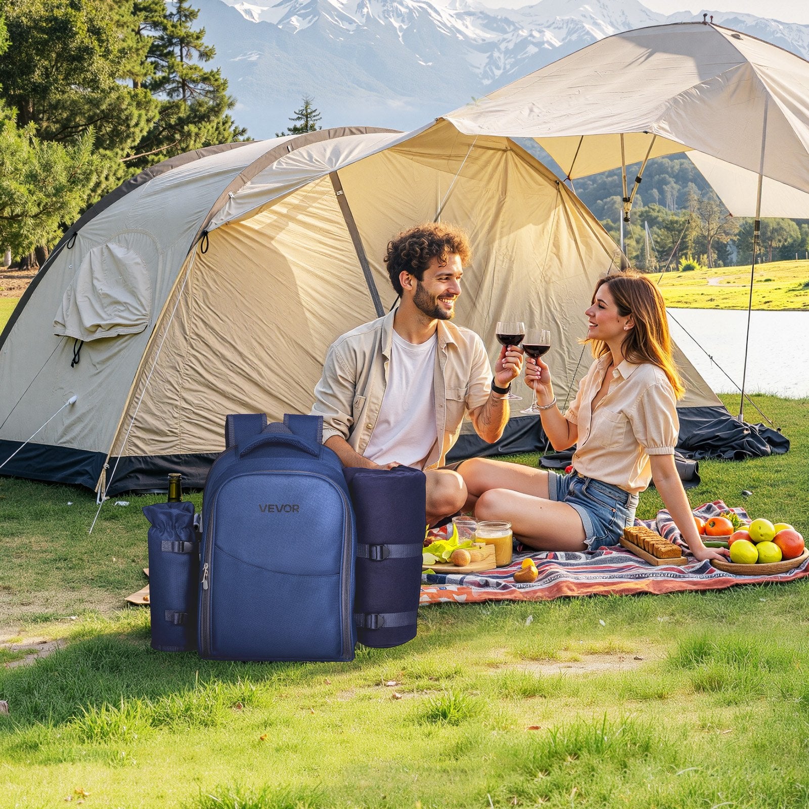 Beach Picnic Backpack Bag for 2 Person with Cooler Compartment Navy Blue