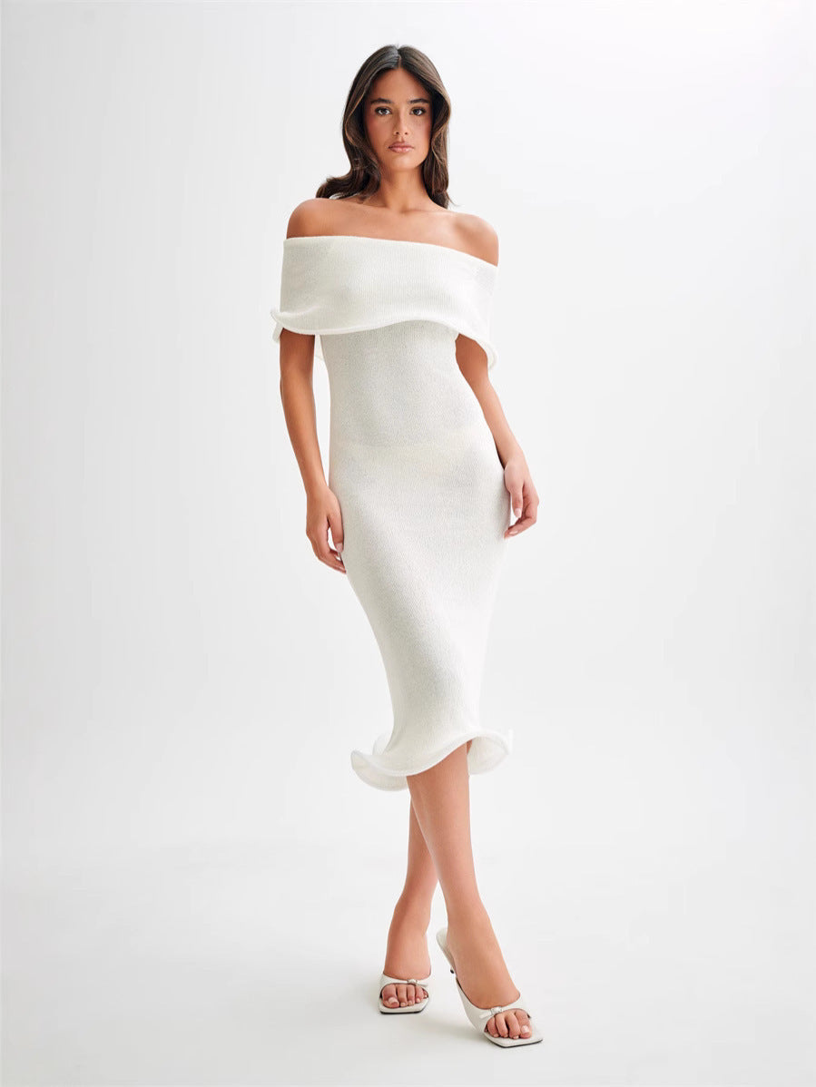 Women's Off-Shoulder Knit Maxi Dress - Ruffle Hem High Waist Dress, White or Blue, S-L - Amora