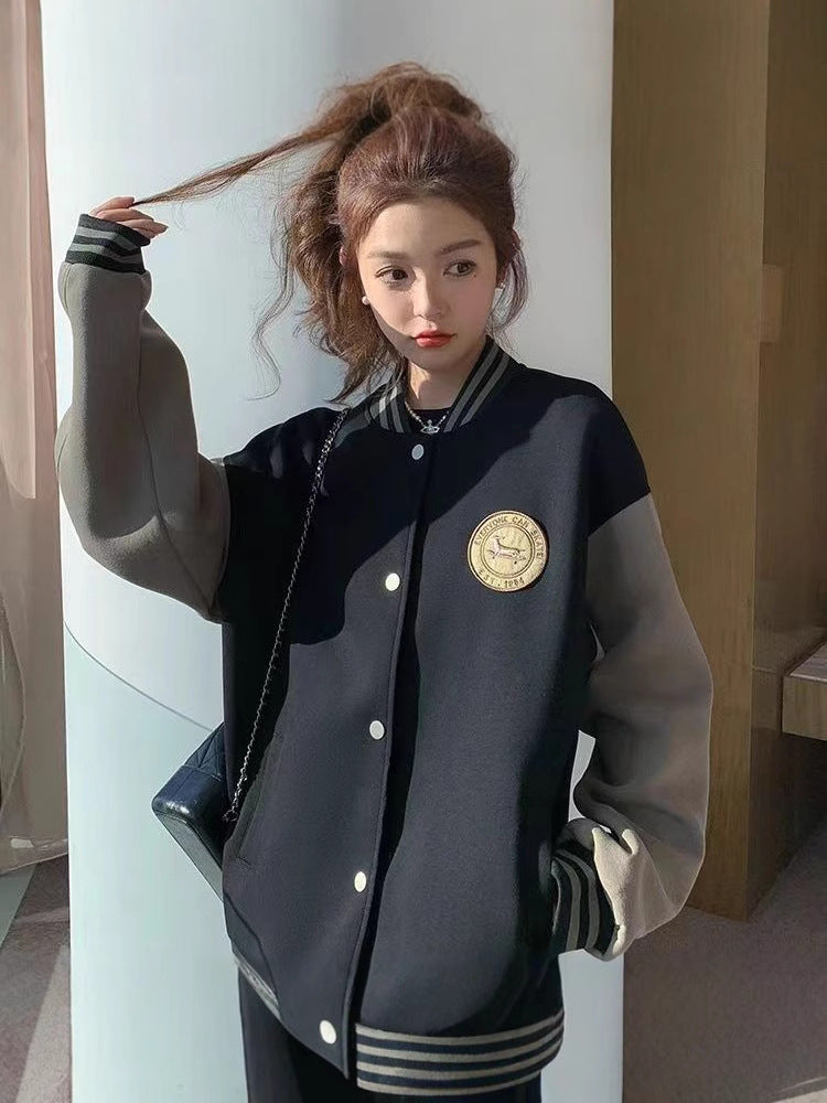 Women's Velvet Baseball Jacket - Thick Retro Varsity Bomber, Black or Light Brown, M-2XL - Amora
