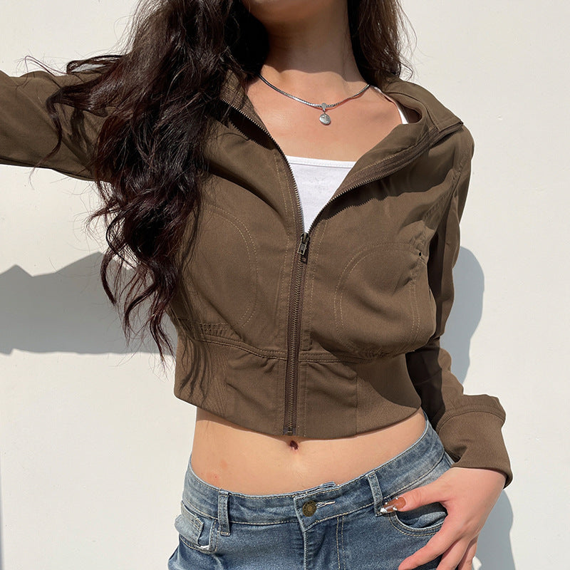 Women's Faux Leather Jacket - Cropped High Neck Zip-Up Moto Jacket, Vintage Brown, S-L - Amora