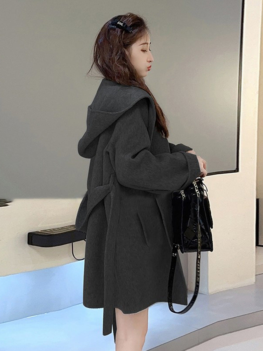 Women's Hooded Coat - Lace-Up Front Loose Fit Mid-Length Coat, Off-White, Dark Grey or Black, XS-L - Amora