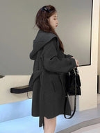 Women's Hooded Coat - Lace-Up Front Loose Fit Mid-Length Coat, Off-White, Dark Grey or Black, XS-L - Amora