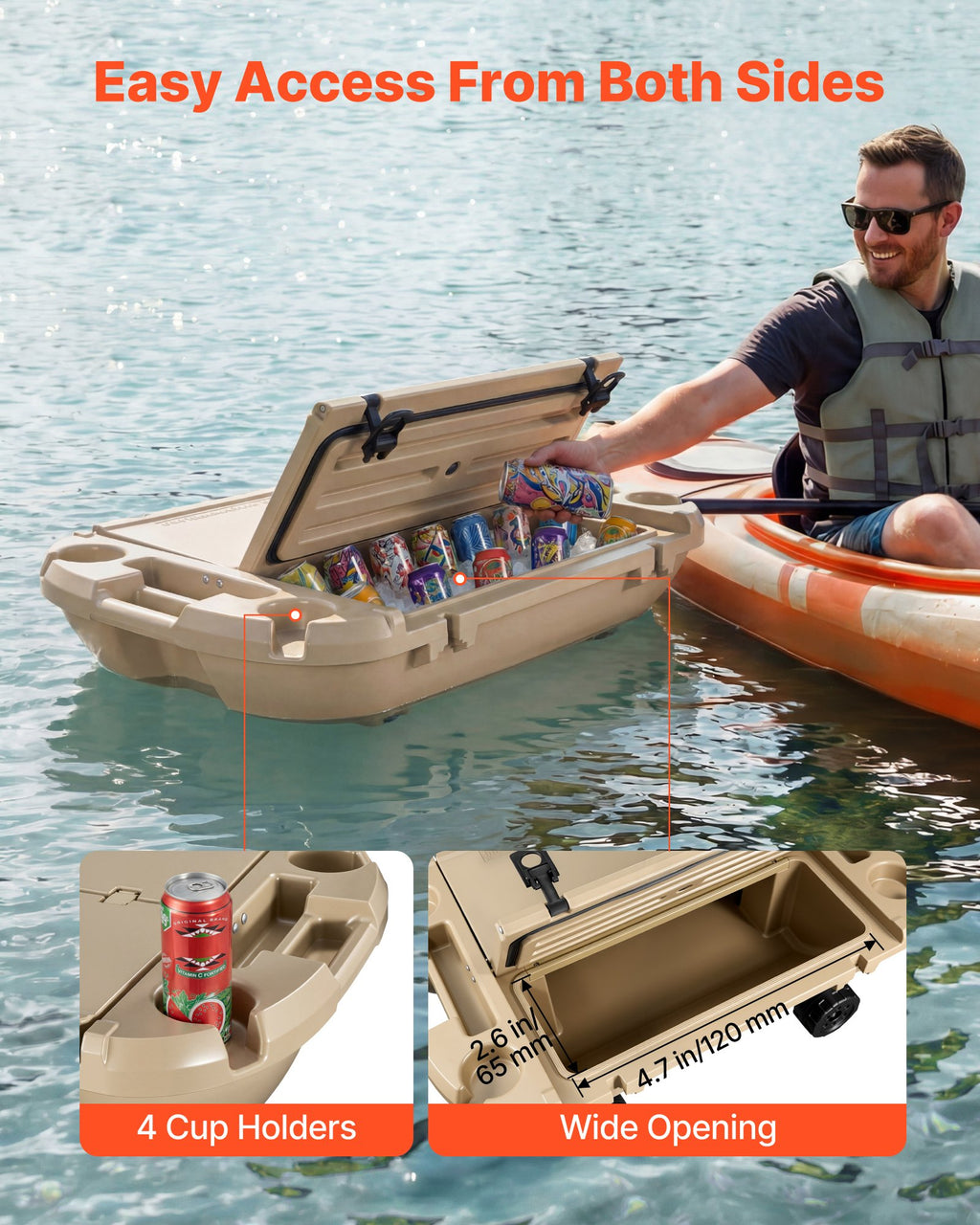 Floating Cooler, 40 QT Floating Ice Chest with Dry Storage & Tow Rope, Premium LLDPE Amphibious Drink Cooler for Water & Land, Cruise Smoothly Stable on Lake, River, Pool, Beach, Kayak, Apricot