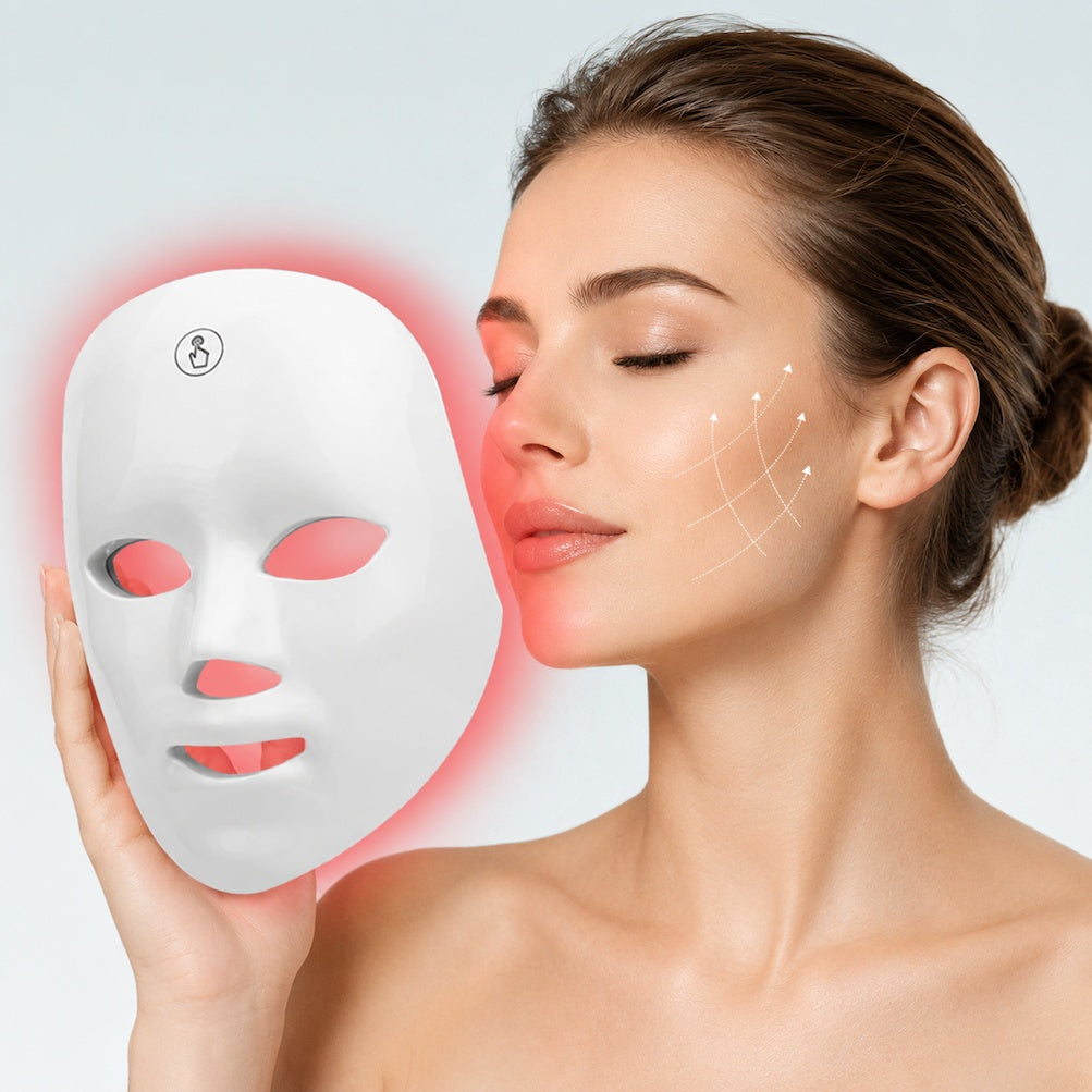 Amora Glow Mask LED light therapy mask, seven colour modes, worn on the face