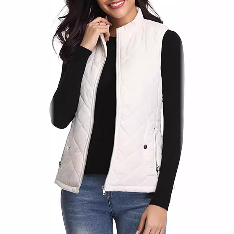 Women's Quilted Stand Collar Vest - Padded Zip-Up Gilet with Flap Pockets, Fifteen Colours, S-XXL - Amora