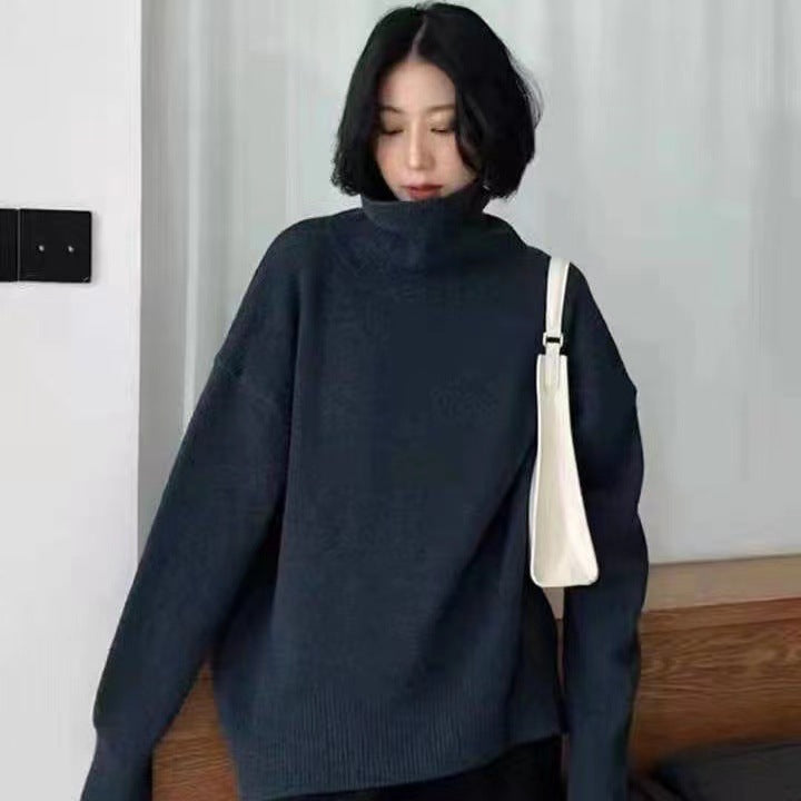 Women's Wool Blend Turtleneck Sweater - Thick Loose Knit Winter Pullover, Camel, Navy & Grey, XS-XL - Amora