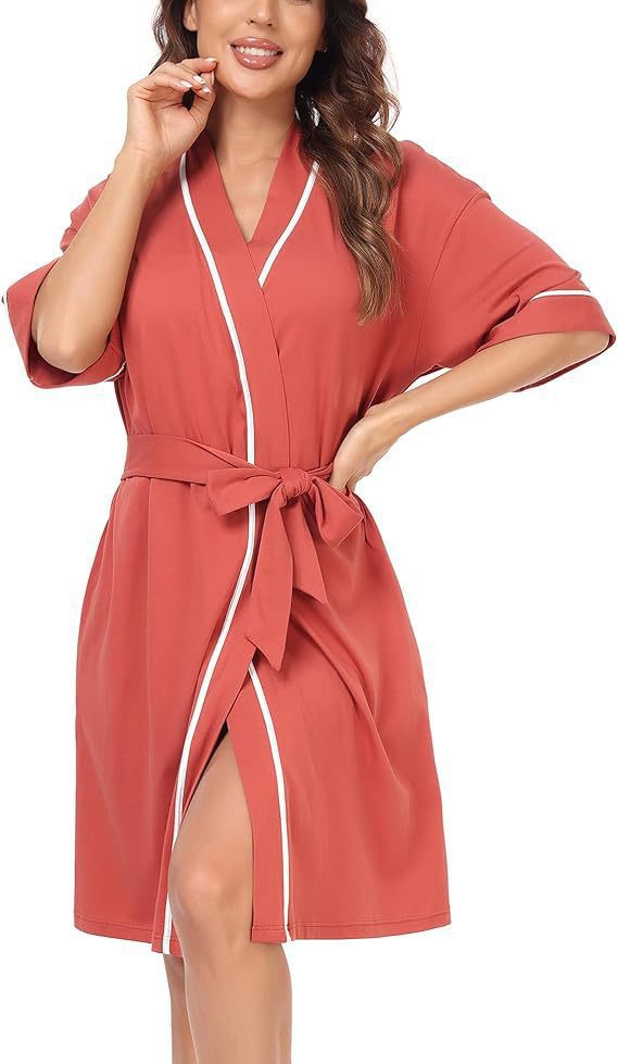 Women's Belted Nightgown - V-Neck Mid Length Robe, Ten Colours, S-XXL - Amora