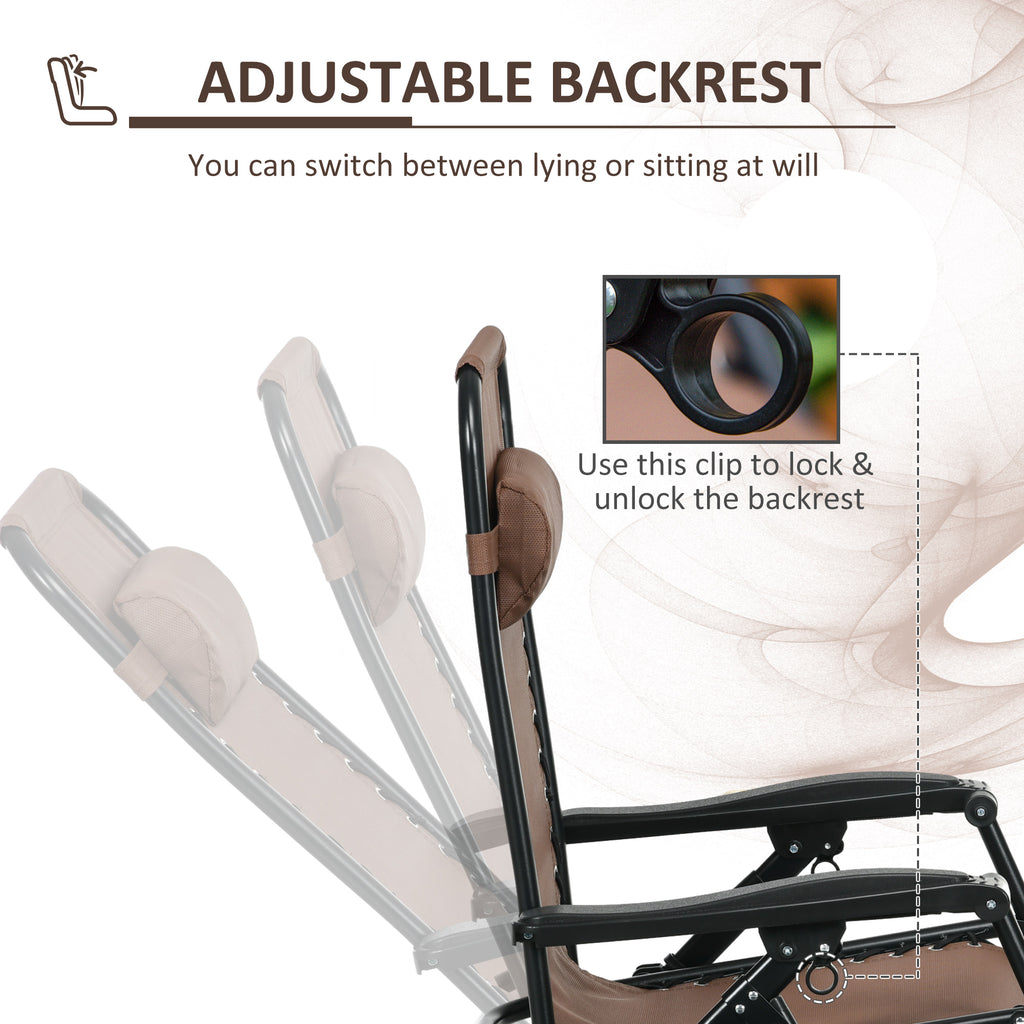 2 Outdoor Rocking Chairs Foldable Reclining Zero Gravity Lounge Rockers W/ Pillow Cup & Phone Holder, Brown