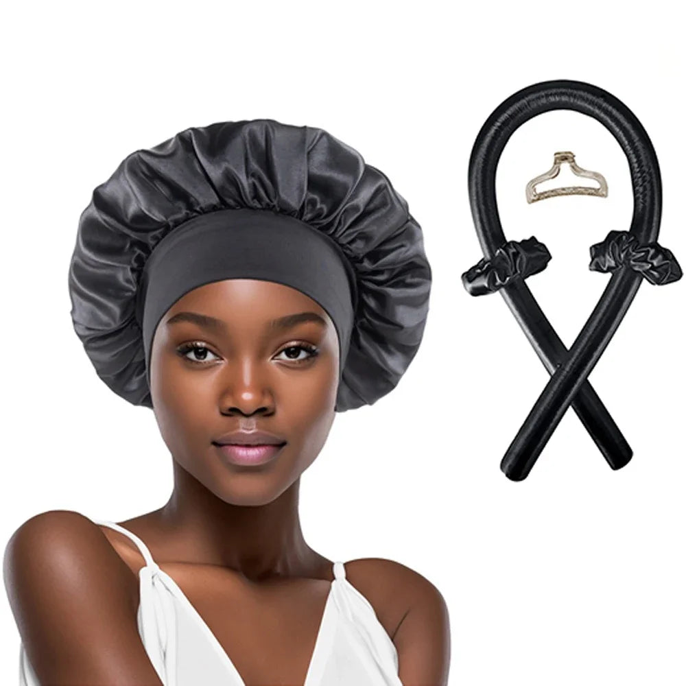 5Pcs No Heat Hair Curler Satin Sleeping Cap Set Heatless Hair Curling Headband Hair Claw Clip Hair Rings Salon Hair Accessories