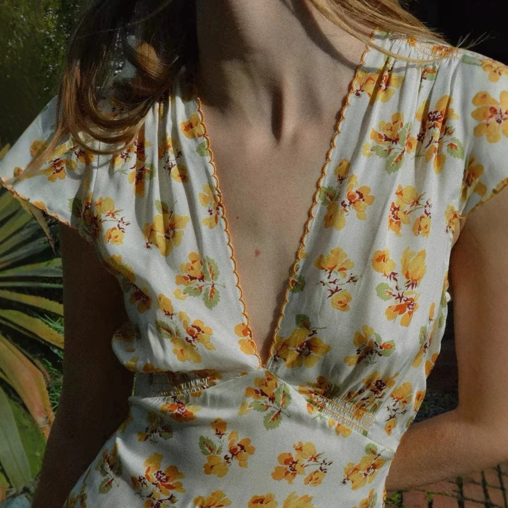Women's Mulberry Silk Dress - Floral Print Deep V A-Line Knee Length Dress, S-L - Amora